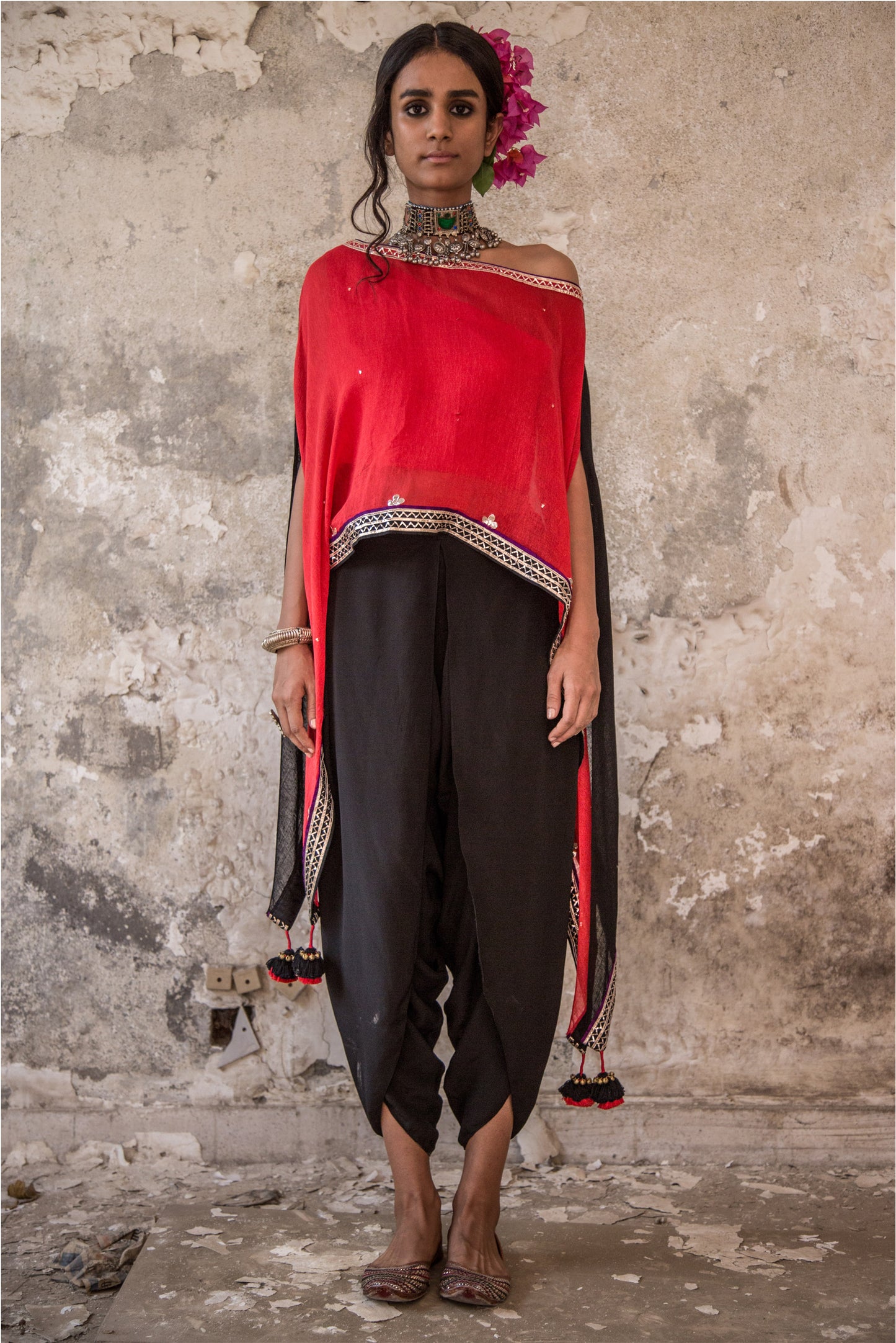 RED EMBROIDERED CAPE & DHOTI PANTS SET