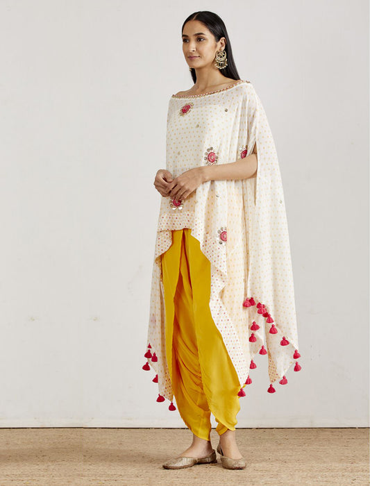 IVORY EMBROIDERED CAPE & DHOTI PANTS