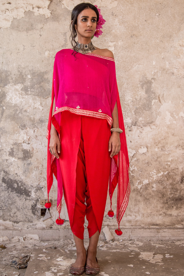 PINK EMBROIDERED CAPE & DHOTI PANTS SET