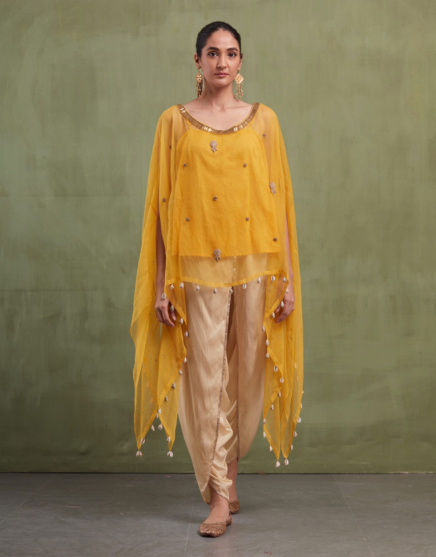 YELLOW ORGANZA EMBROIDERED CAPE & DHOTI PANTS SET