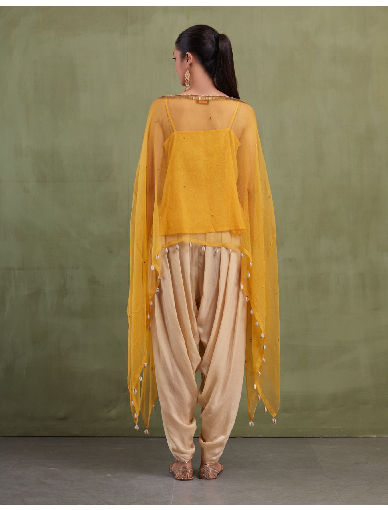 YELLOW ORGANZA EMBROIDERED CAPE & DHOTI PANTS SET